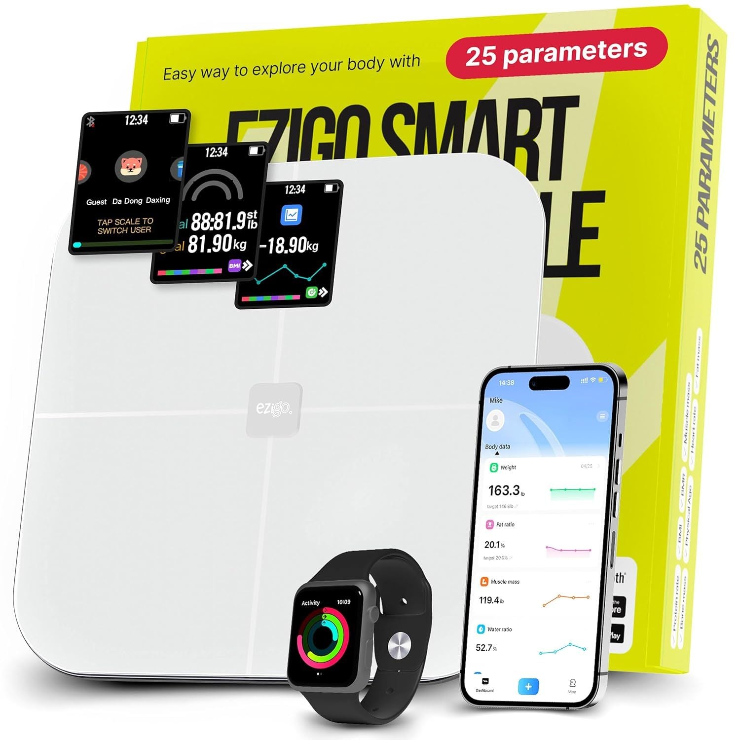 25 Metrics EziGo White Digital Bathroom Smart Scale with BMI, Body Fat, Muscle Mass, Bluetooth, Apple Health Compatible Scales, Digital Weight Composition Scale & Body Fat Mass, Up to 400lb/180 kg - JM Variety Store